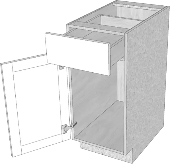 A 3 d image of an open cabinet with one drawer.