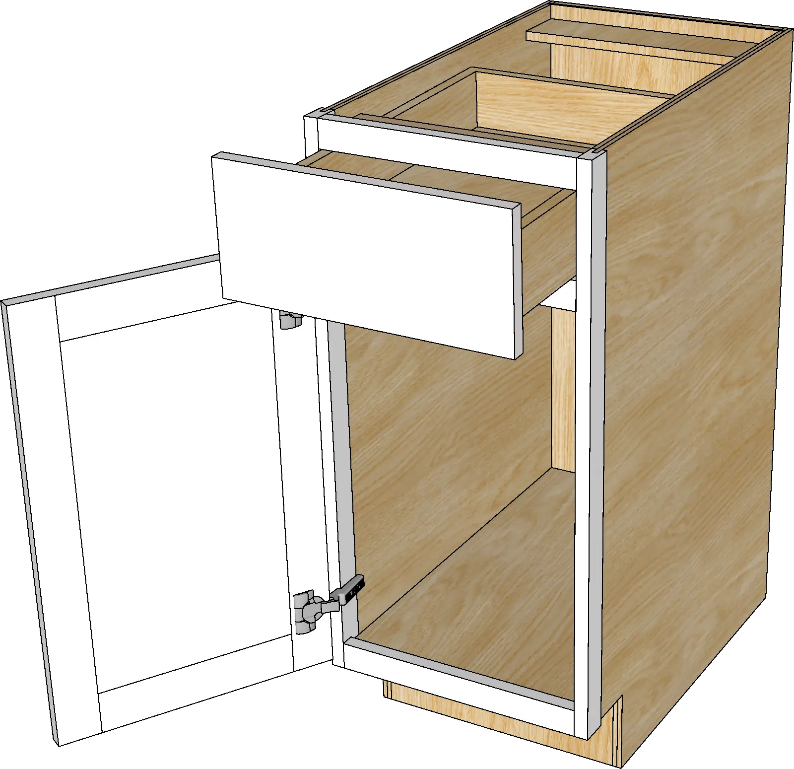 A 3 d image of an open cabinet with one drawer.