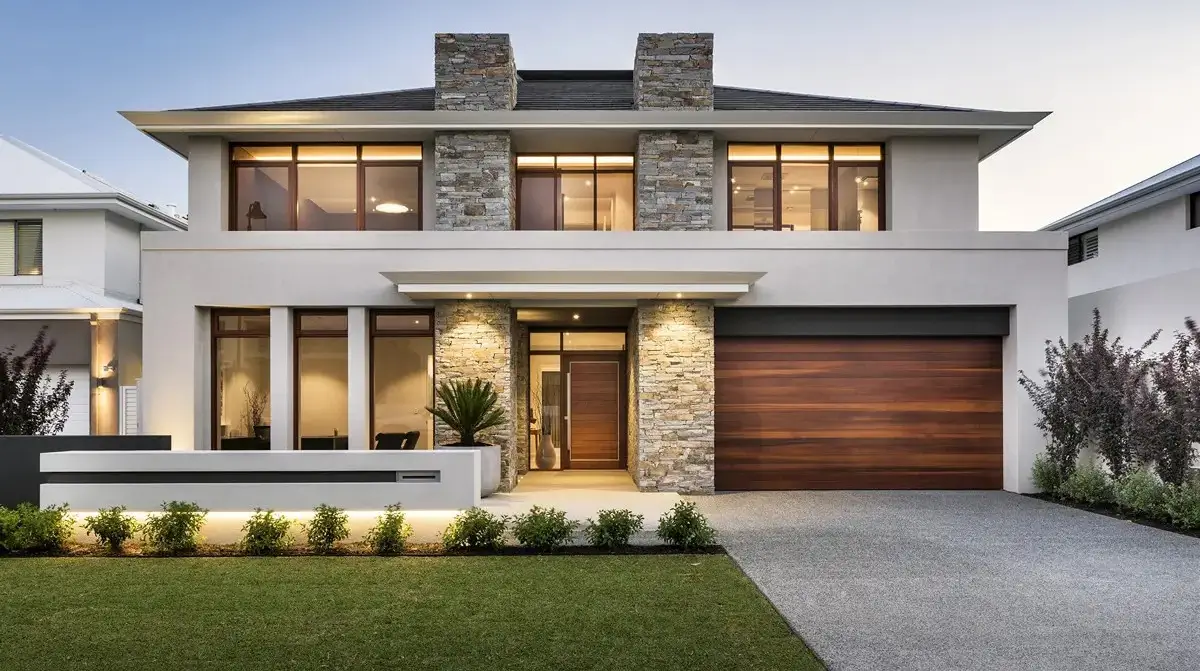 Modern house with stone accents and garage.